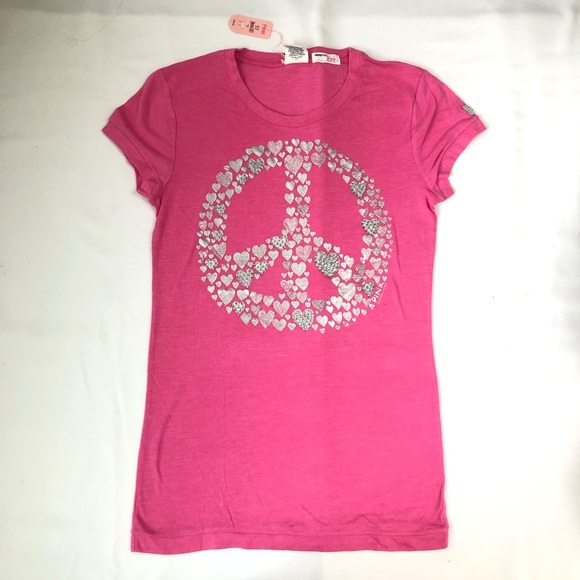 Metallic Rhinestone Peace Sign Hearts PINK Tee - Picture 1 of 6